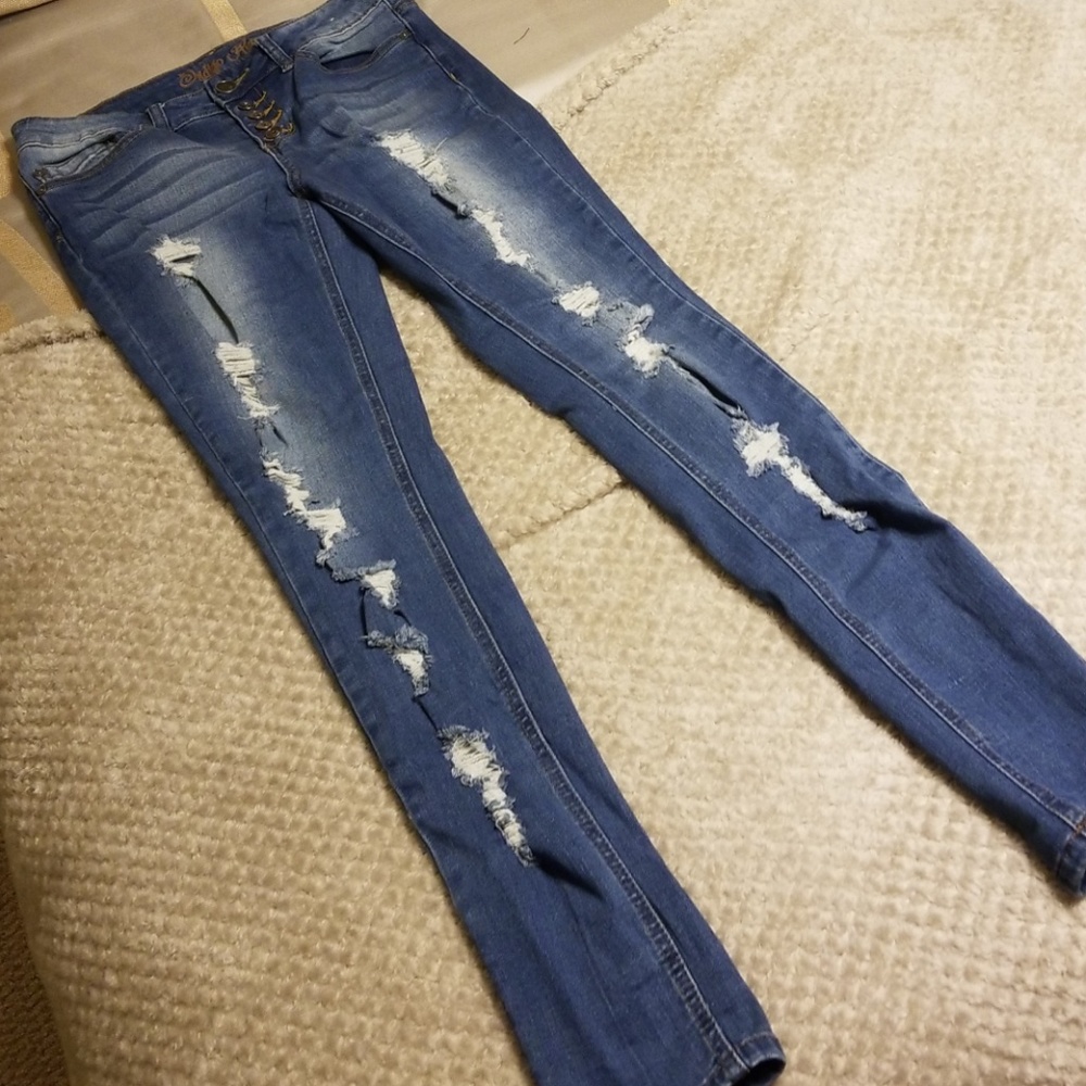 Indigo Rein Ripped Skinny Stretch Jean Button Fly